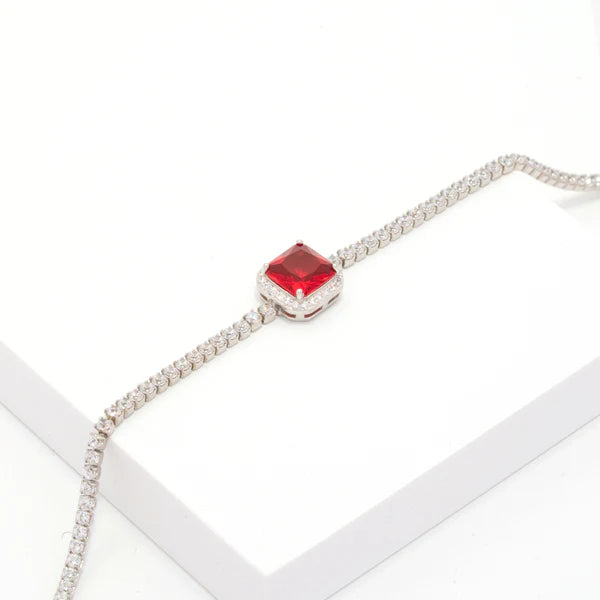 Royal Red Tennis Bracelet — close-up of silver bracelet with bold red gemstones, handcrafted ethical jewelry India