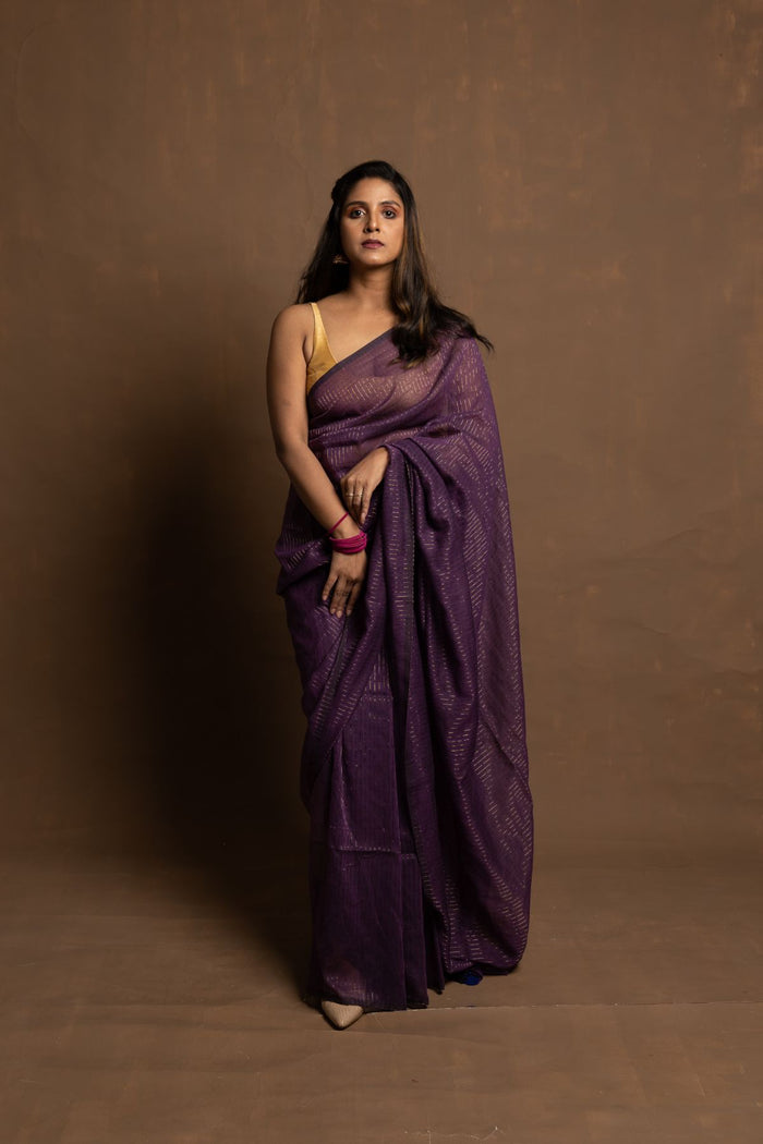 PURPLE STORY | PURPLE HANDLOOM COTTON SAREE WITH ZARI STRIPES