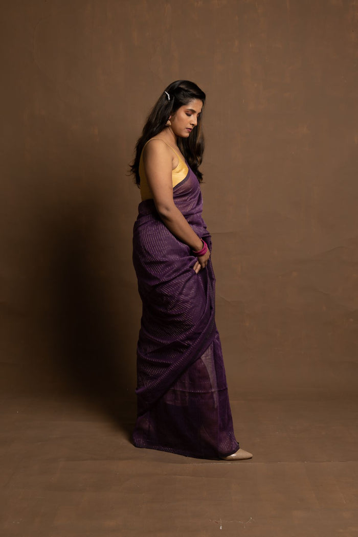 Purple Story | Purple Handloom Cotton Saree With Zari Stripes
