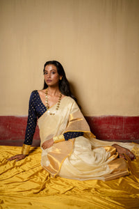 Shakti I Off White Handloom Mulberry Silk Saree With Zari Border