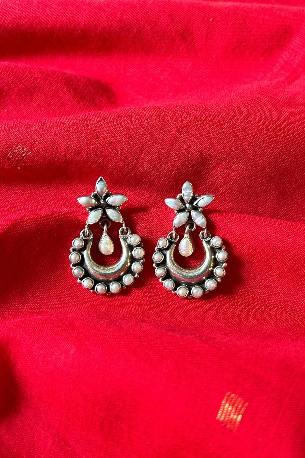 Pearl Chandbali Silver Earrings