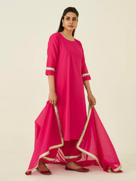 Pink Mal Cotton Co-ord Set with Zari Borders