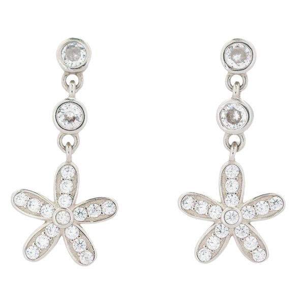 Floral Emblem Danglers — close-up of handcrafted silver floral emblem earrings, sustainable artisan jewelry