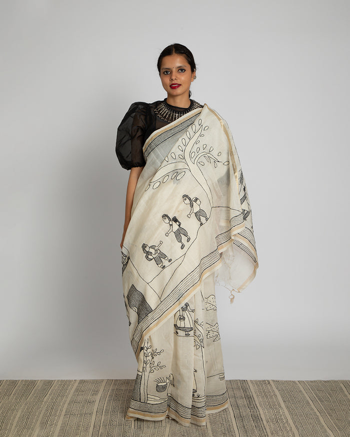 Exclusive Kantha Embroidered Pure Muga Silk Saree