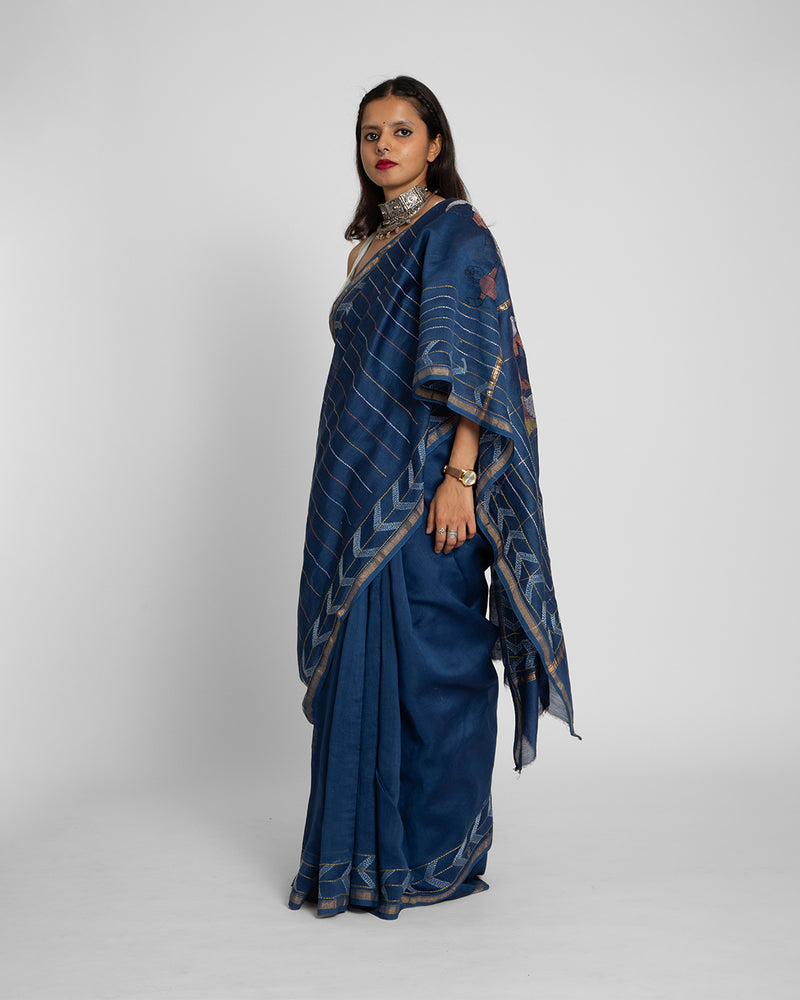 Exclusive Kantha Embroidered Pure Muga Silk Saree