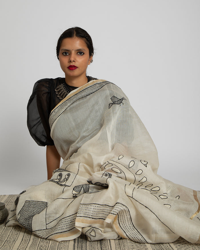 Exclusive Kantha Embroidered Pure Muga Silk Saree