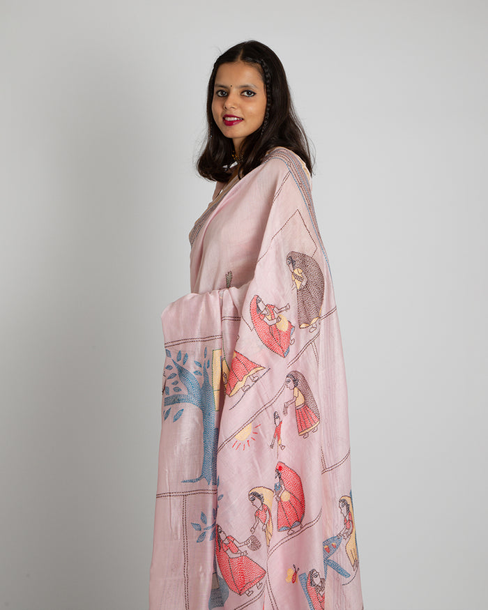 Exclusive Kantha Embroidered Pure Muga Silk Saree