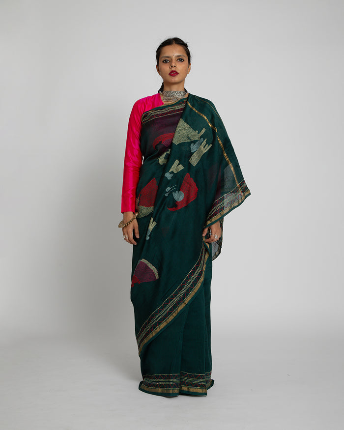Exclusive Kantha Embroidered Pure Muga Silk Saree