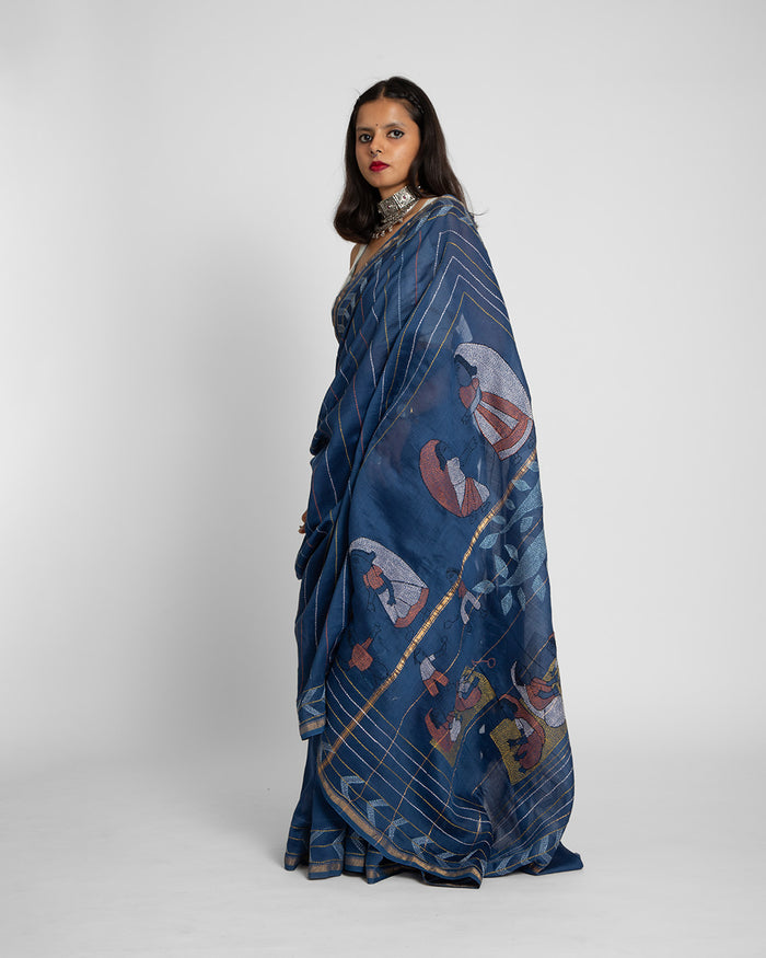 Exclusive Kantha Embroidered Pure Muga Silk Saree