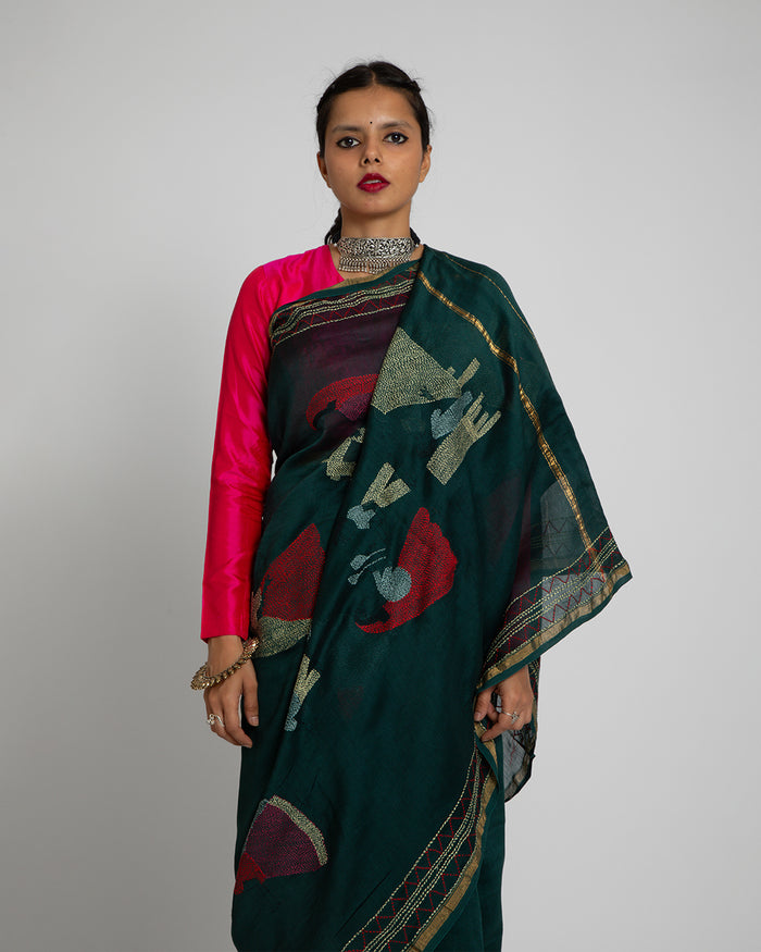 Exclusive Kantha Embroidered Pure Muga Silk Saree