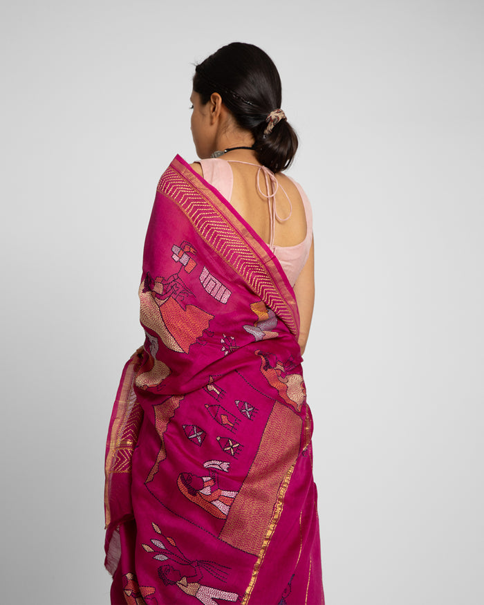 Exclusive Kantha Embroidered Pure Muga Silk Saree
