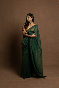 Hara Rang| Deep Green Handloom Cotton Saree With Zari Stripes