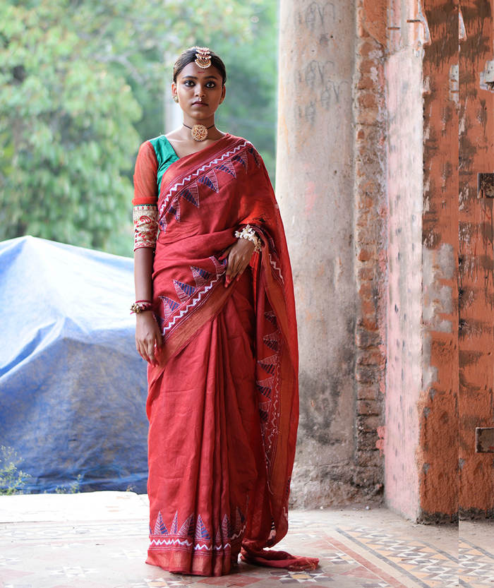 Exclusive Kantha Embroidered Pure Muga Silk Sari