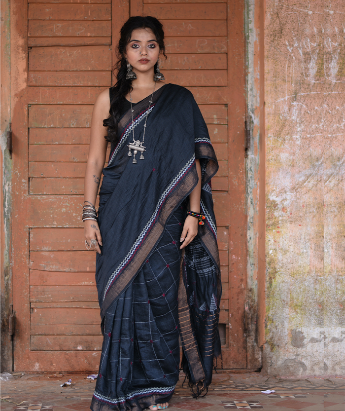 Exclusive Kantha Embroidered Pure Muga Silk Saree