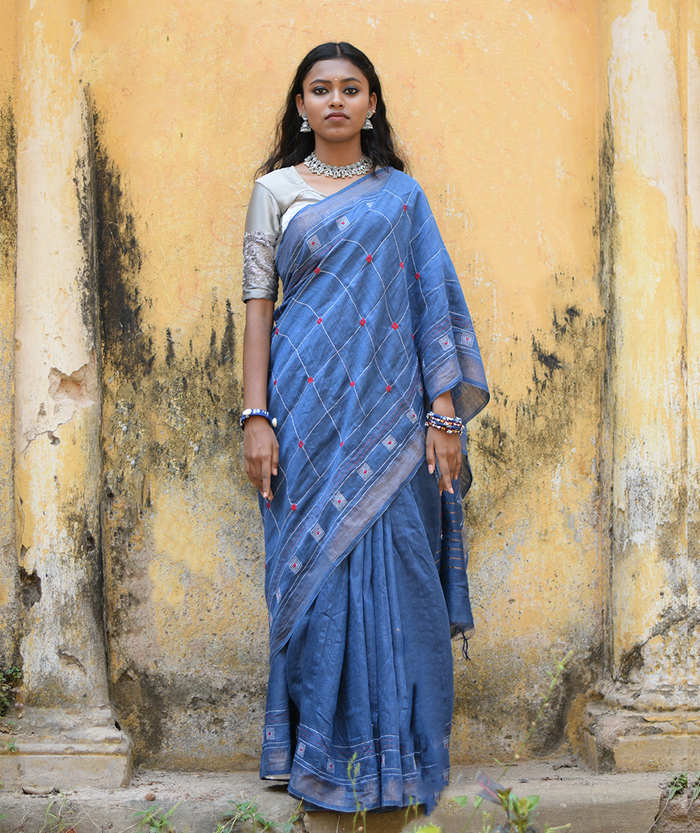 Exclusive Kantha Embroidered Pure Muga Silk Saree