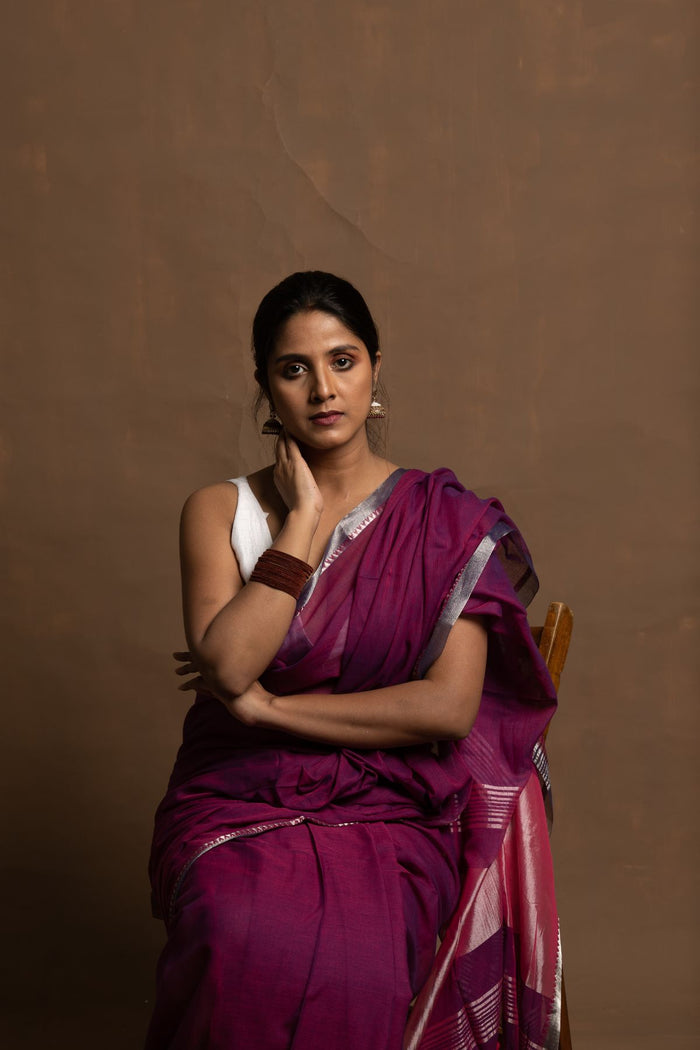 Eternal Purple Flower | Handloom Purple Cotton Saree with ZARI border