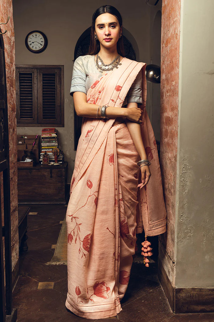Koumari Poppy Pink Linen Handloom Sari