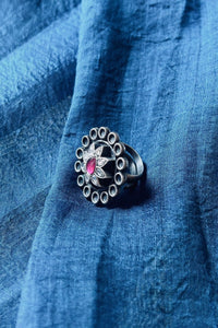 Round Pink and White Stone Silver Ring