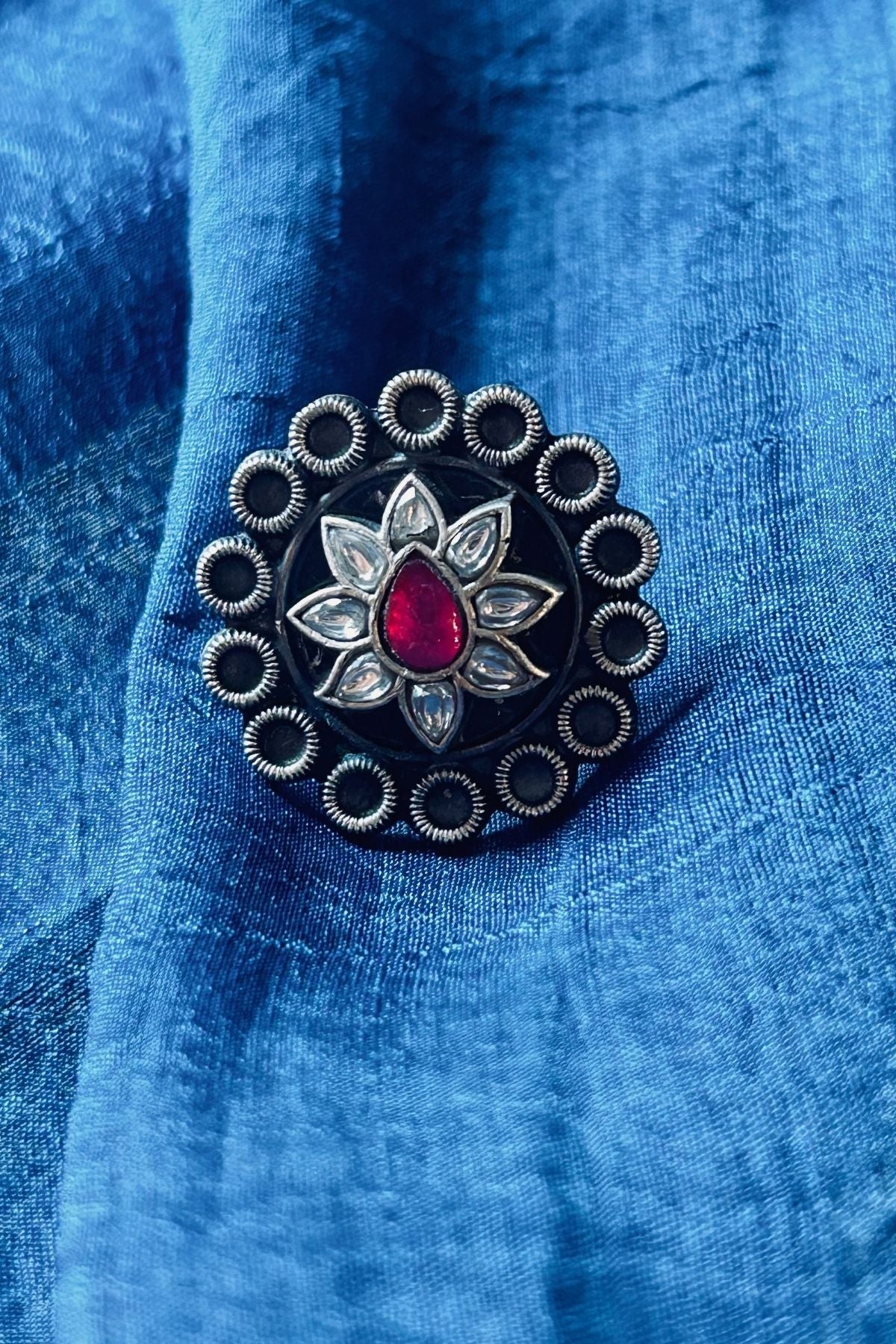 Round Pink and White Stone Silver Ring