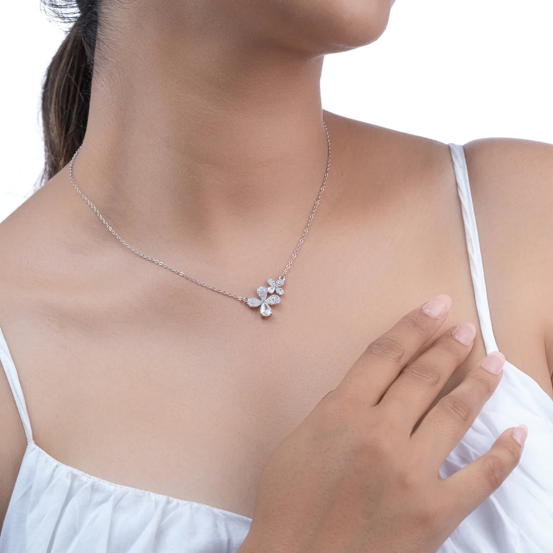 Bloom Duo Necklace — recycled silver dual floral pendant on fine chain, side view artisan jewelry Mitti Lifestyle