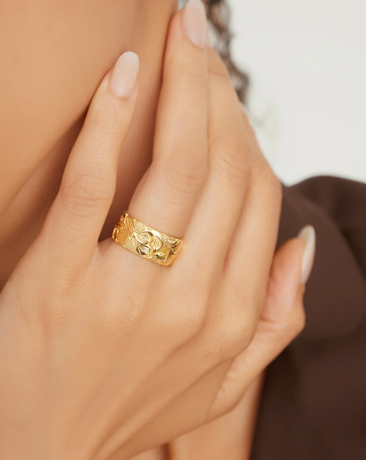 Floral Engraved Band — recycled silver statement band with floral motif, side view ethical jewelry Mitti Lifestyle