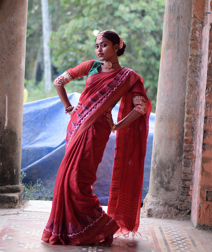 Exclusive Kantha Embroidered Pure Muga Silk Sari