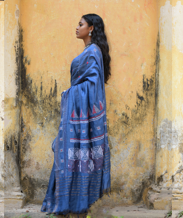 Exclusive Kantha Embroidered Pure Muga Silk Saree