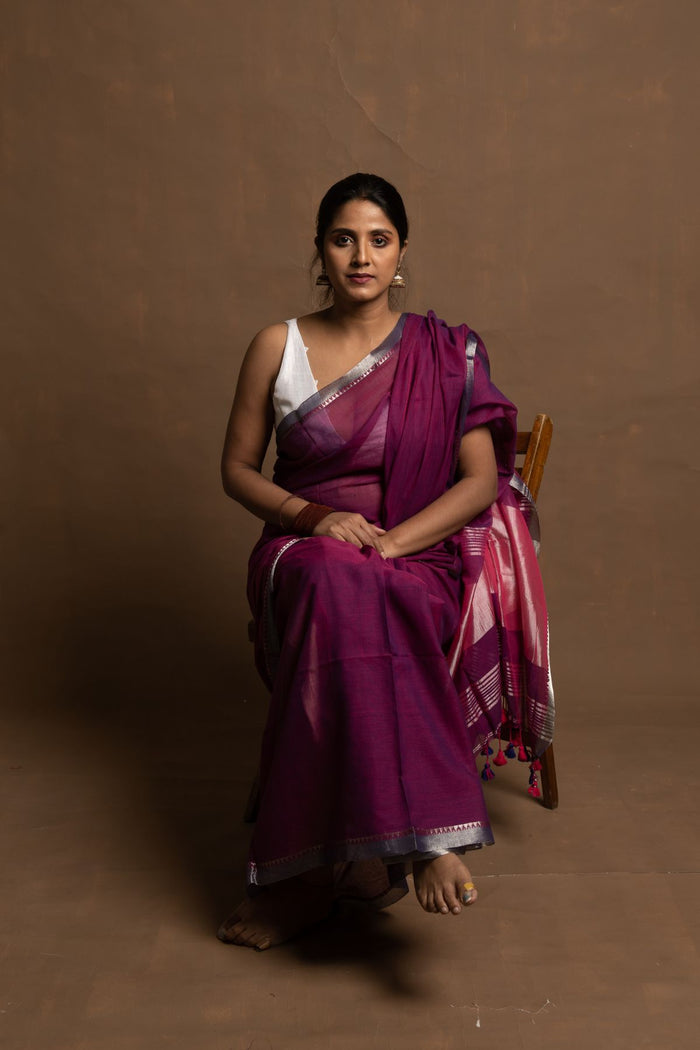 Eternal Purple Flower | Handloom Purple Cotton Saree with ZARI border