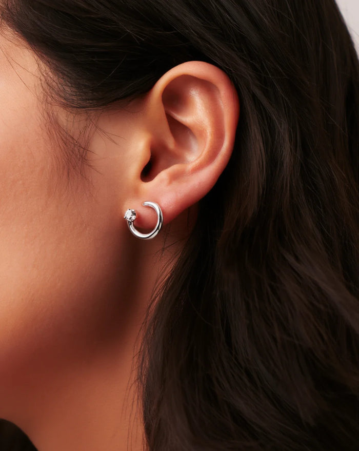 Moonstone Inset Studs — recycled silver crescent earrings with inset moonstone, side view artisan jewelry