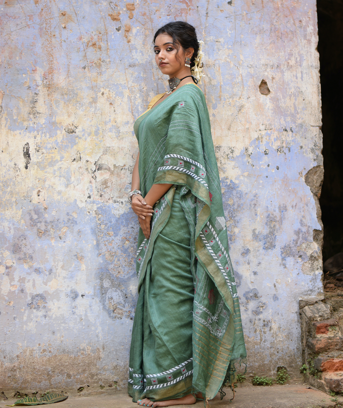 Exclusive Kantha Embroidered Pure Muga Silk Saree