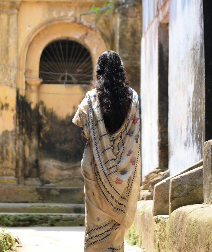 Exclusive Kantha Embroidered Pure Muga Silk Saree