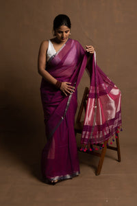 Eternal Purple Flower | Handloom Purple Cotton Saree with ZARI border