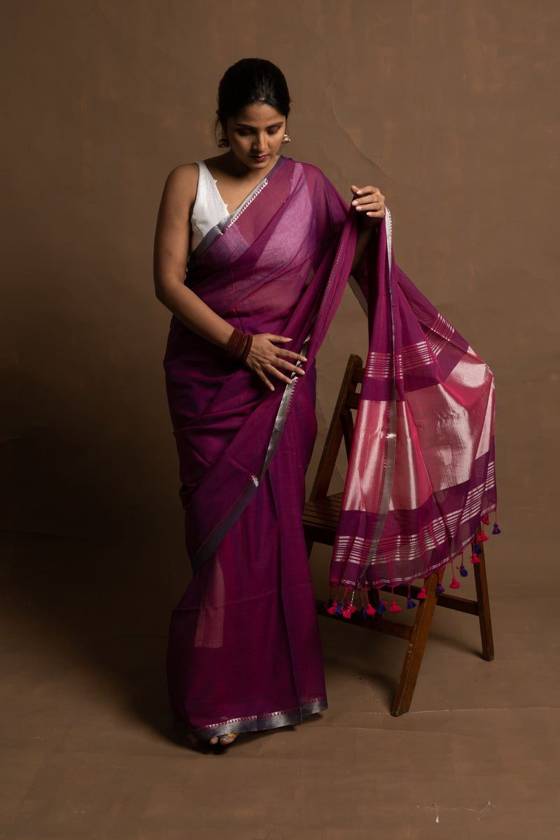 ETERNAL PURPLE FLOWER | HANDLOOM PURPLE COTTON SAREE WITH ZARI BORDER