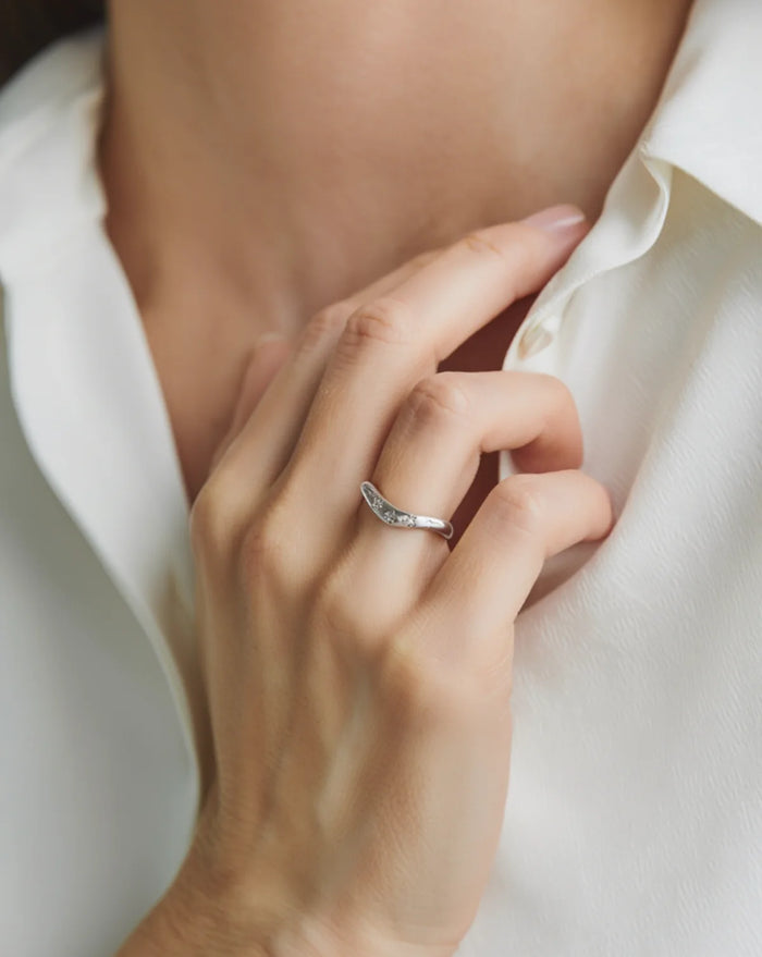 Starline Curve Ring — handcrafted sterling silver ring with celestial curved design, artisan ethical jewelry Akaar