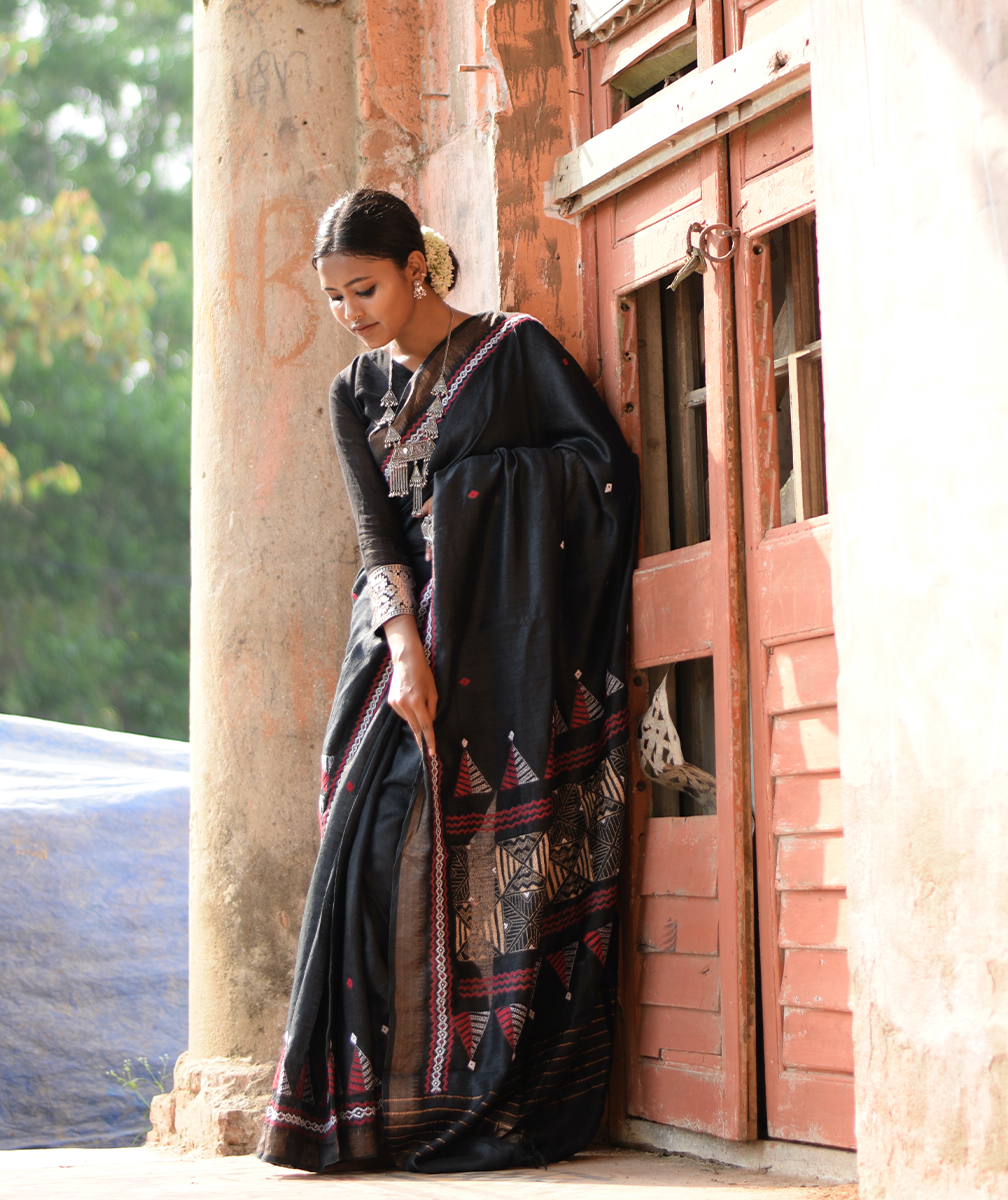 Exclusive Kantha Embroidered Pure Muga Silk Saree