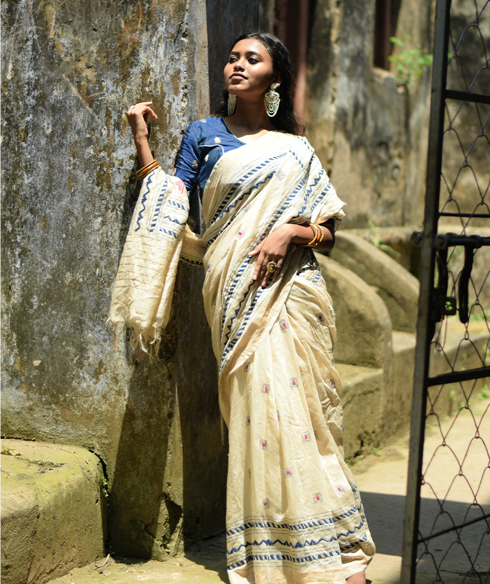 Exclusive Kantha Embroidered Pure Muga Silk Saree