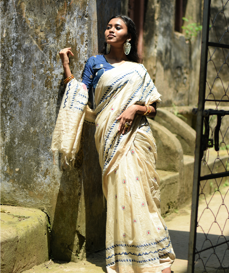 Exclusive Kantha Embroidered Pure Muga Silk Saree