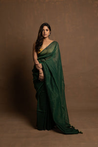 HARA RANG | DEEP GREEN HANDLOOM COTTON SAREE WITH ZARI STRIPES