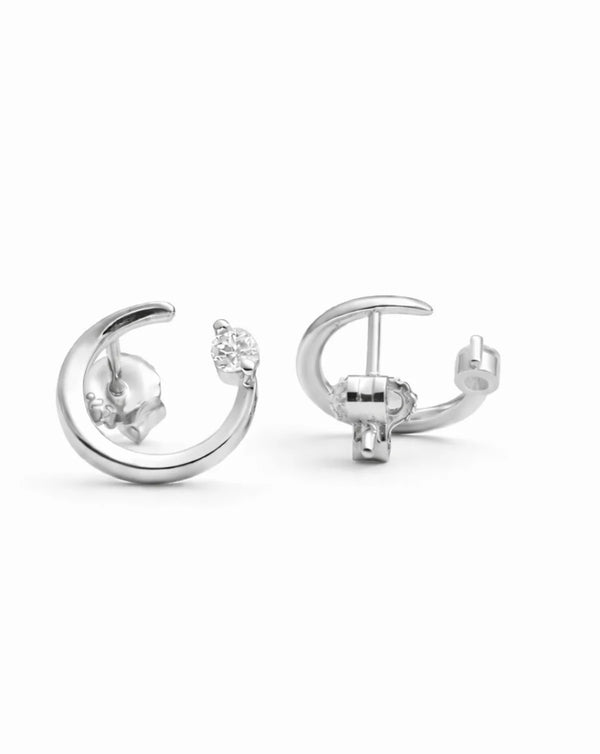 Moonstone Inset Studs — artisan sterling silver crescent stud with moonstone detail, sustainable ethical jewelry