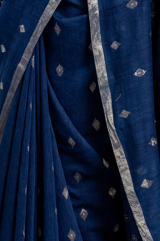 Navy Blue Zari Jamdani Pure Tussar Khadi Handloom Sari