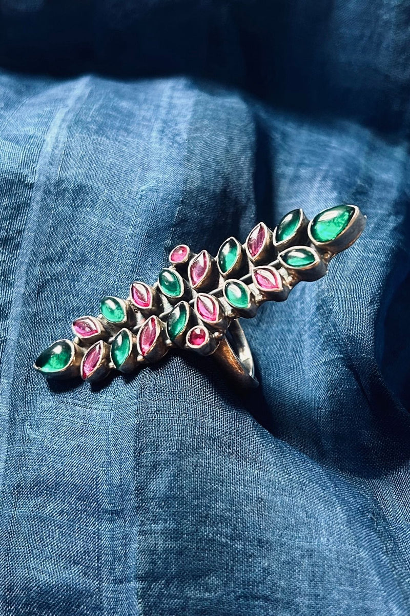 Leaf-Shaped Silver Ring with Green and Pink Stones