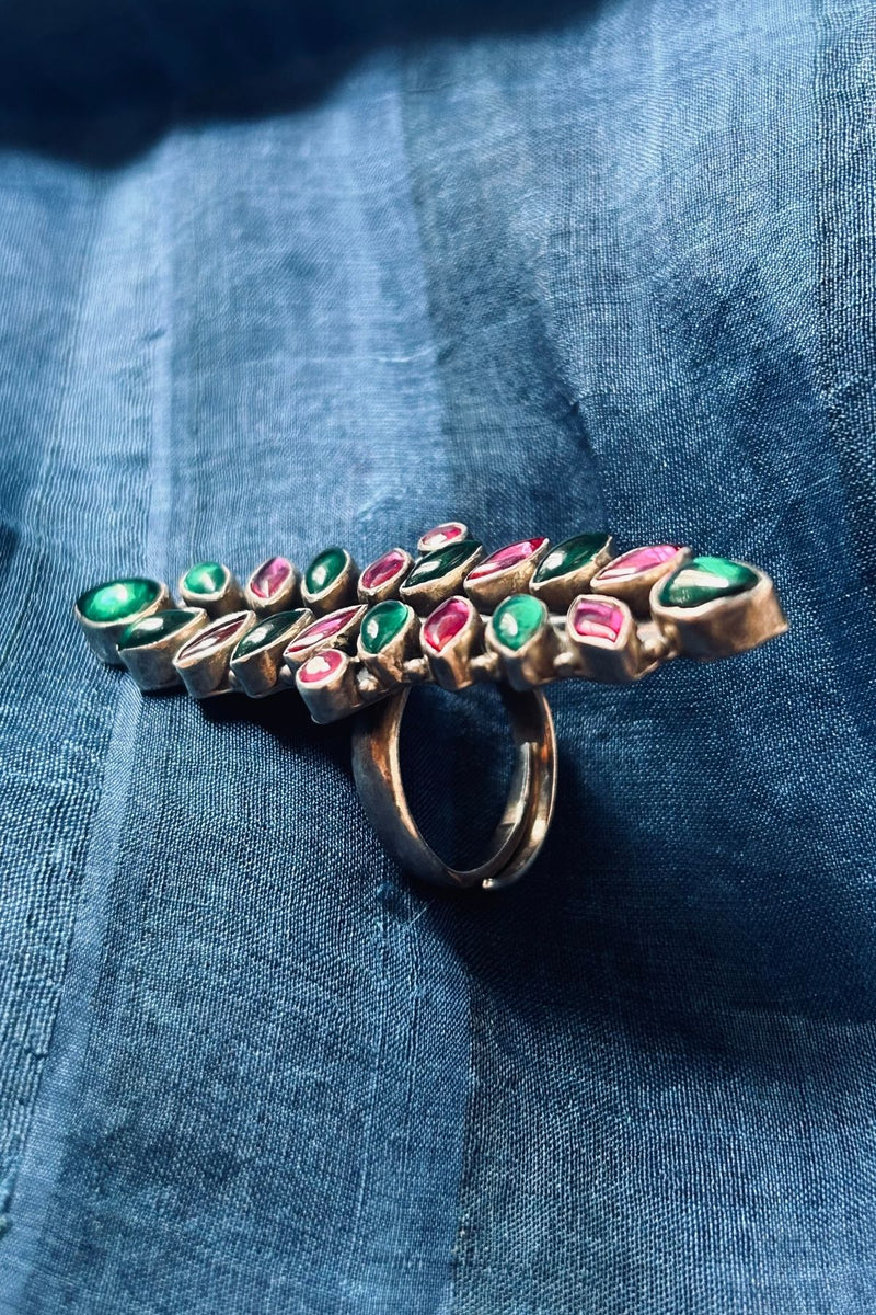 Leaf-Shaped Silver Ring with Green and Pink Stones