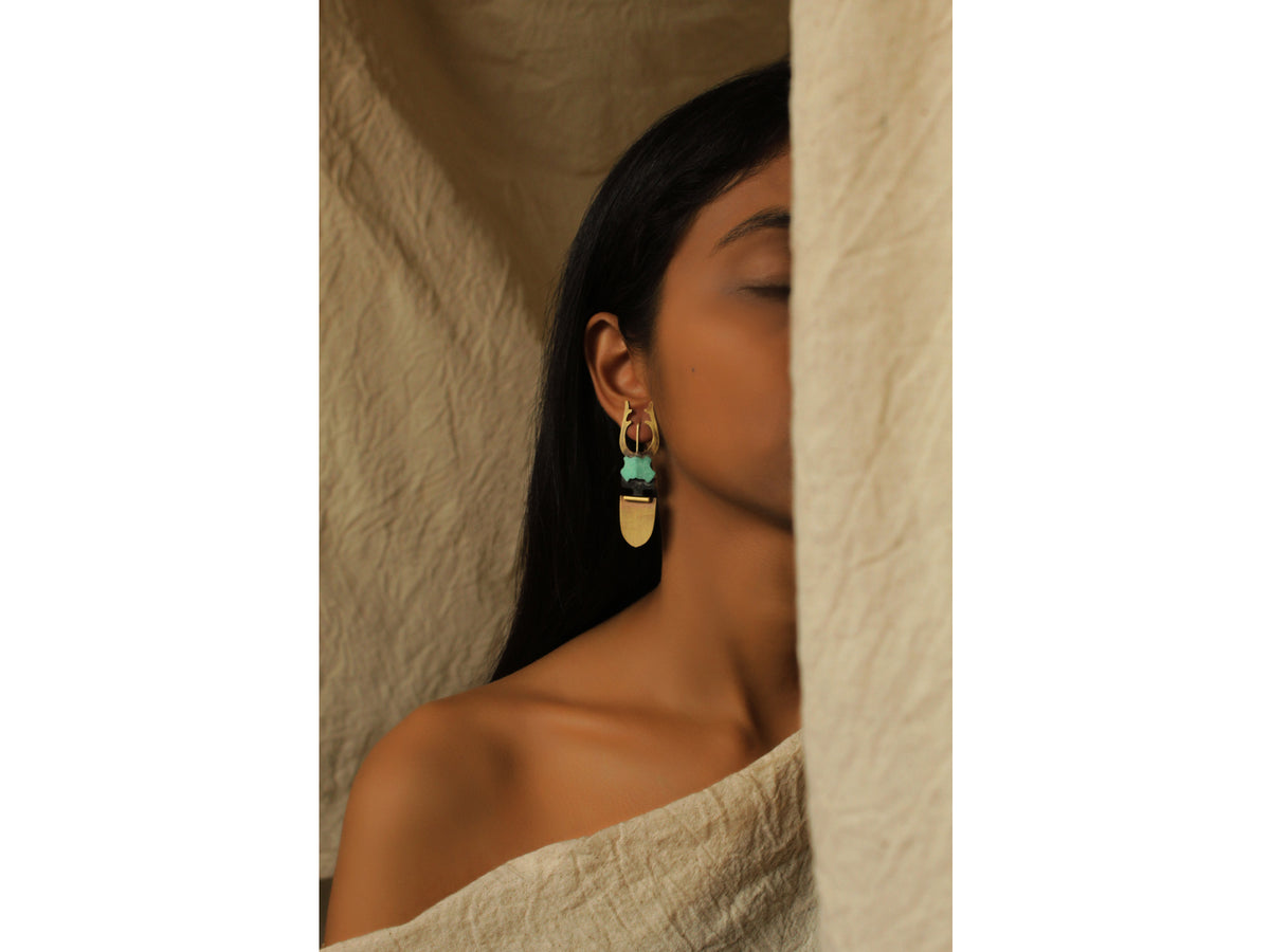 Stagbeetle earrings teal Dookdi handcrafted brass insect teal earrings artisan India