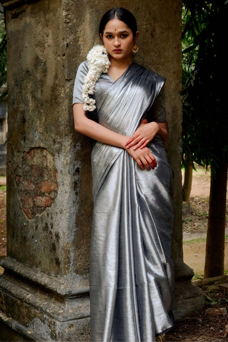 ARDHACHANDRA I SILVER TISSUE SAREE