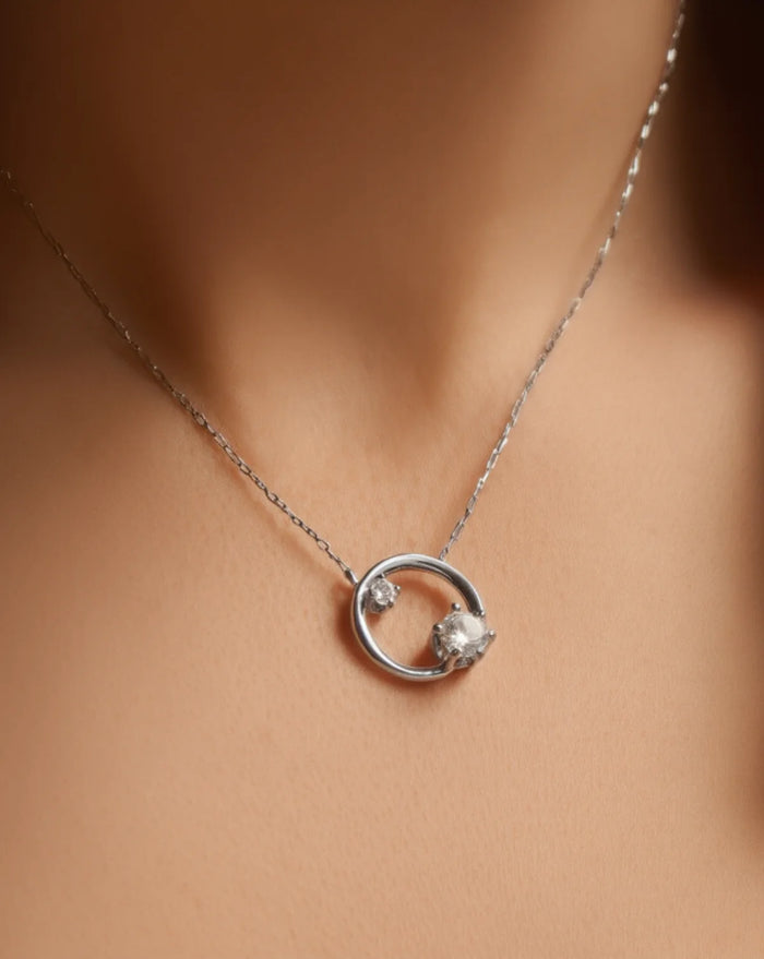 Astra Arc Necklace — recycled silver arc pendant necklace side view, artisan ethical jewelry Mitti Lifestyle