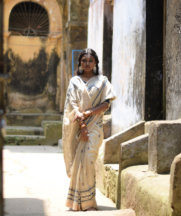Exclusive Kantha Embroidered Pure Muga Silk Saree