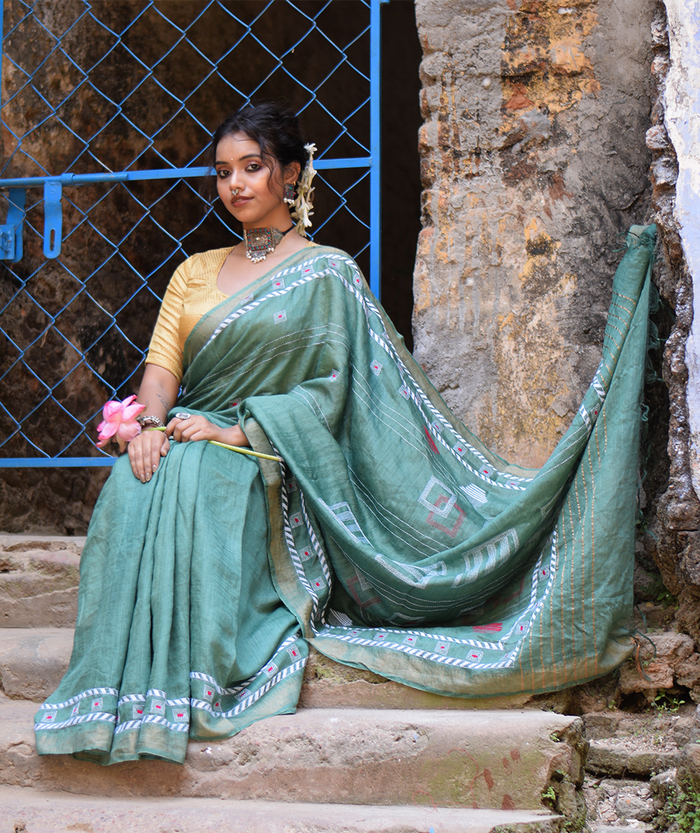 Exclusive Kantha Embroidered Pure Muga Silk Saree