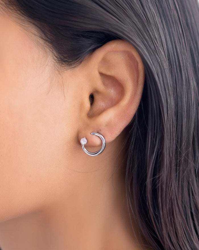 Moonstone Inset Studs — handcrafted sterling silver crescent stud earrings with moonstone, artisan ethical jewelry Akaar