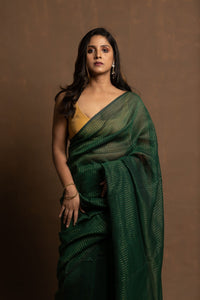 HARA RANG | DEEP GREEN HANDLOOM COTTON SAREE WITH ZARI STRIPES