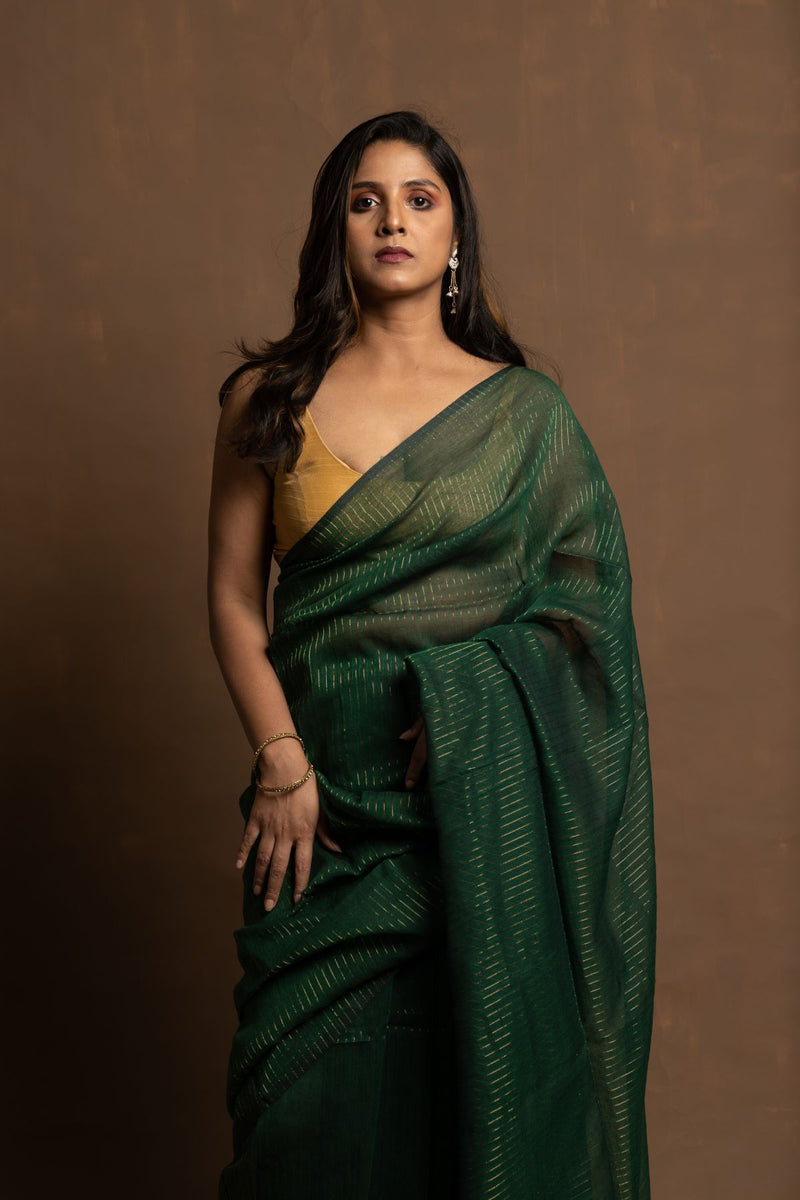Hara Rang| Deep Green Handloom Cotton Saree With Zari Stripes